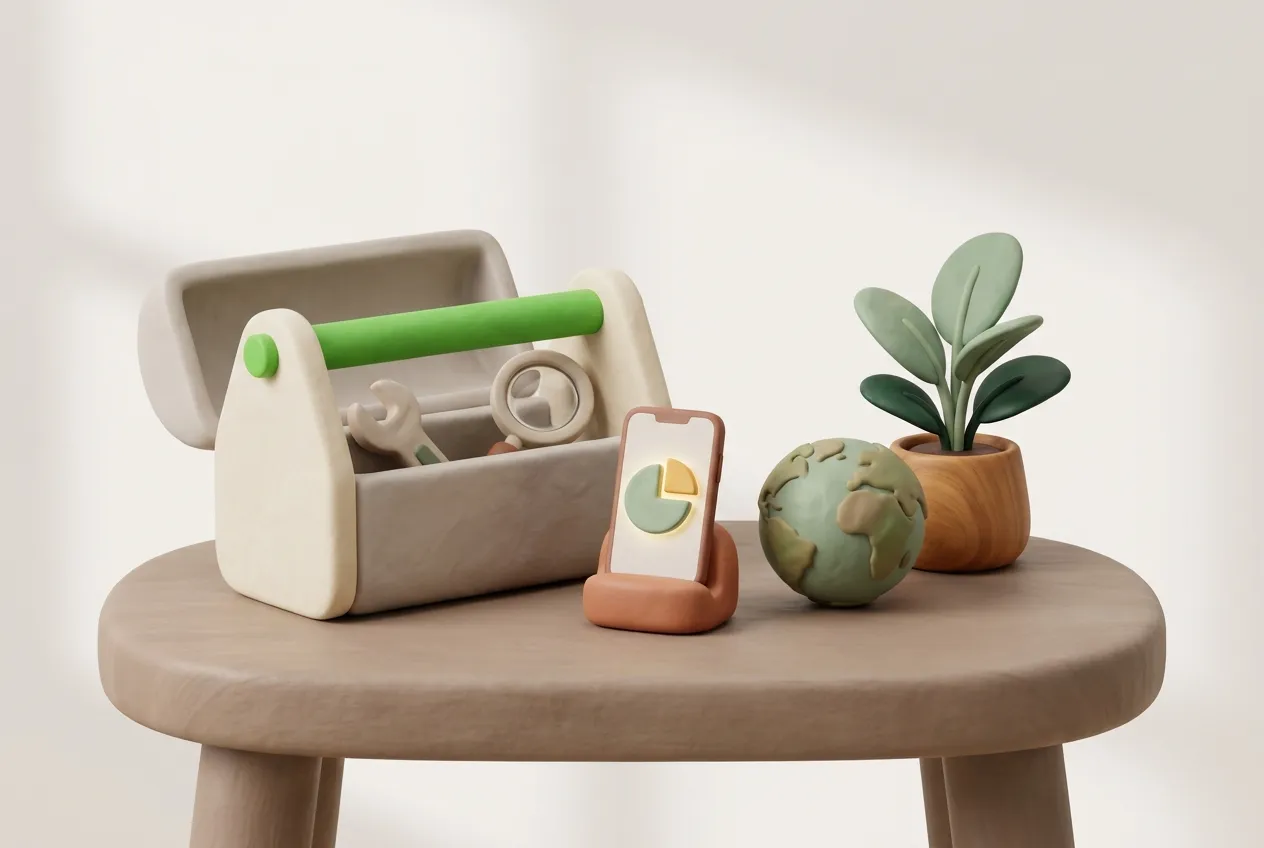 Clay illustration of a toolbox, a smartphone showing a chart, and a small globe on a wooden table, representing the plain text accounting tool ecosystem
