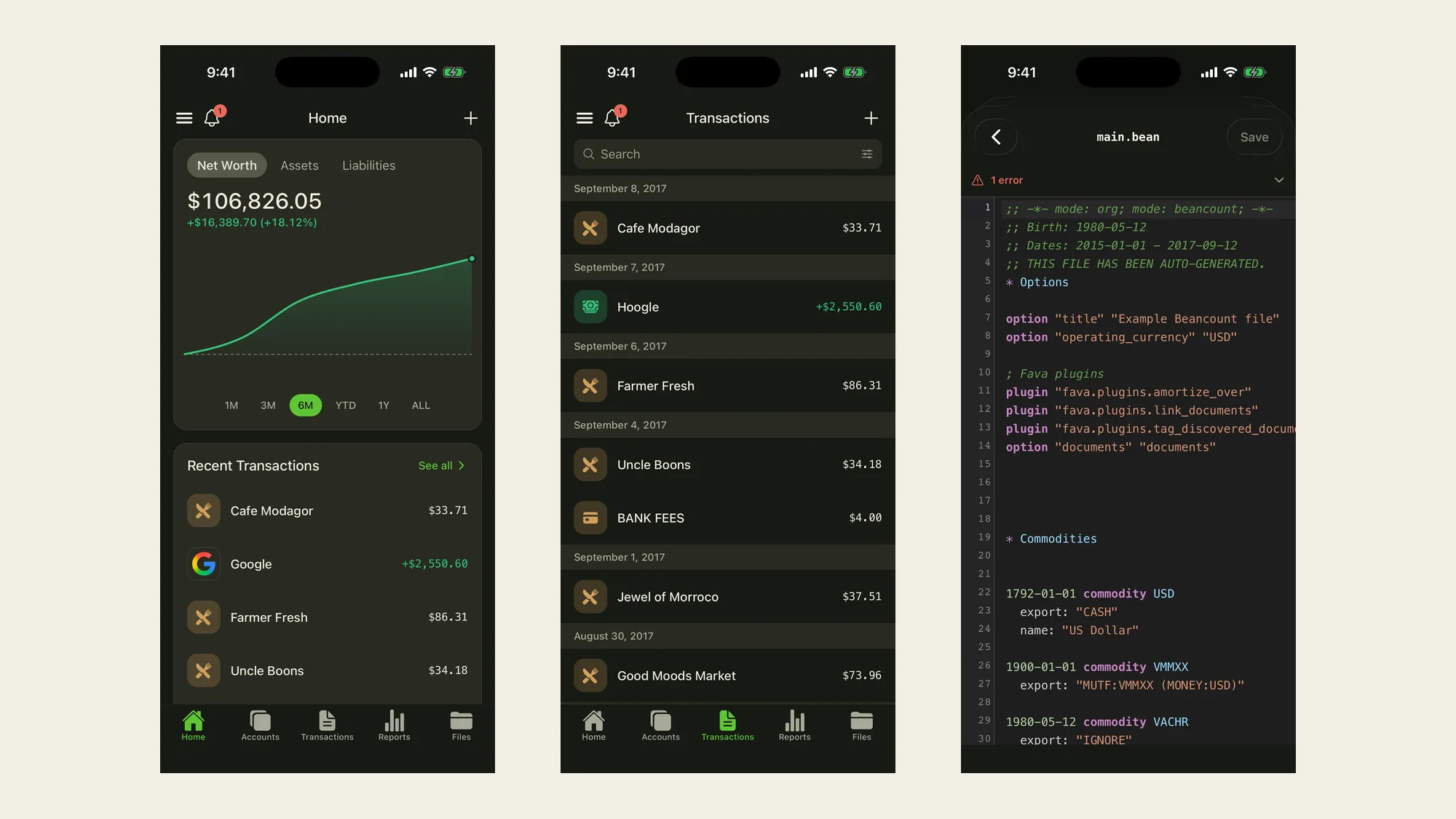 The rebuilt mobile app shows the Home dashboard, searchable transactions, and a native Beancount file editor.