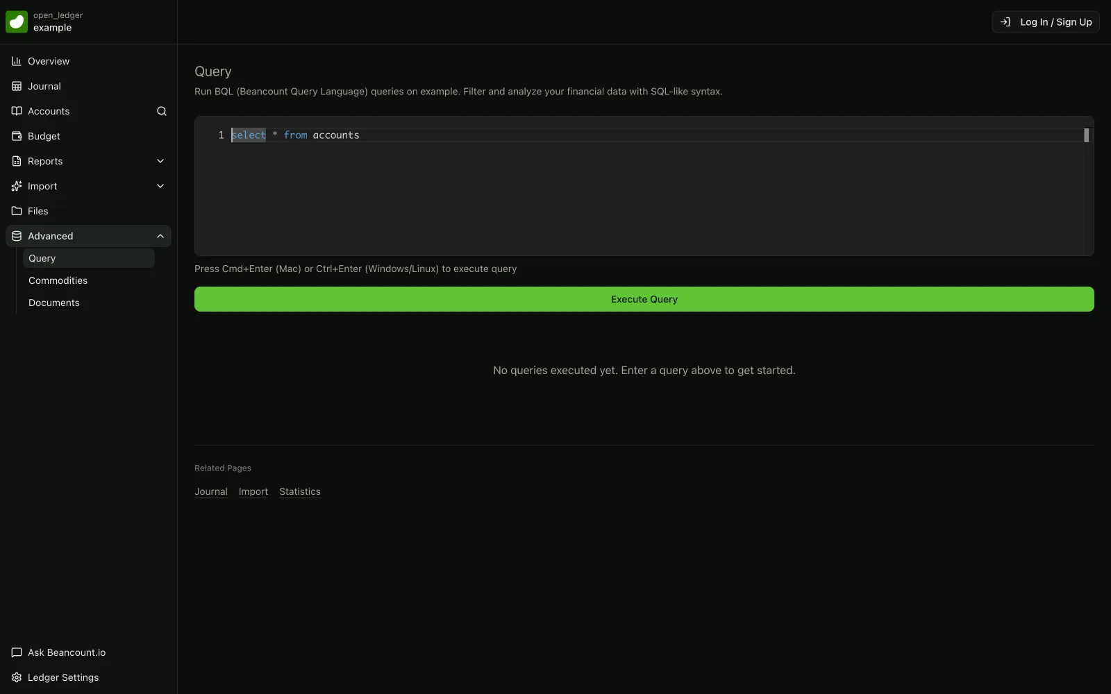 Fava query console running a BQL query over a client's ledger