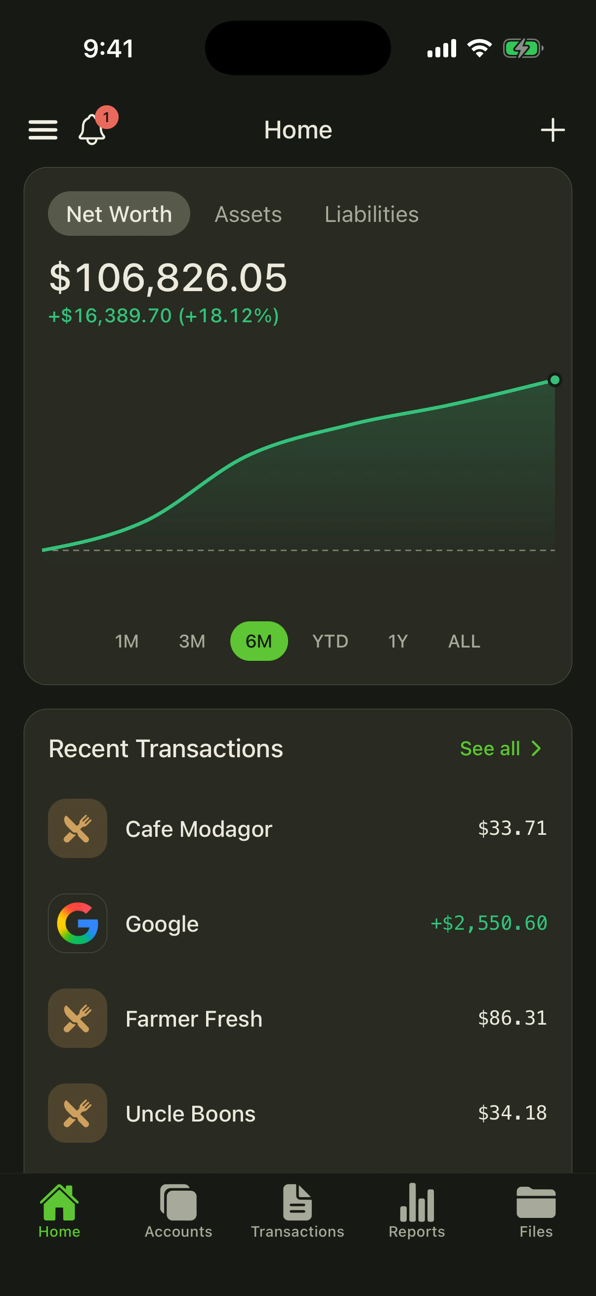 Beancount mobile app home screen with net worth chart and recent transactions